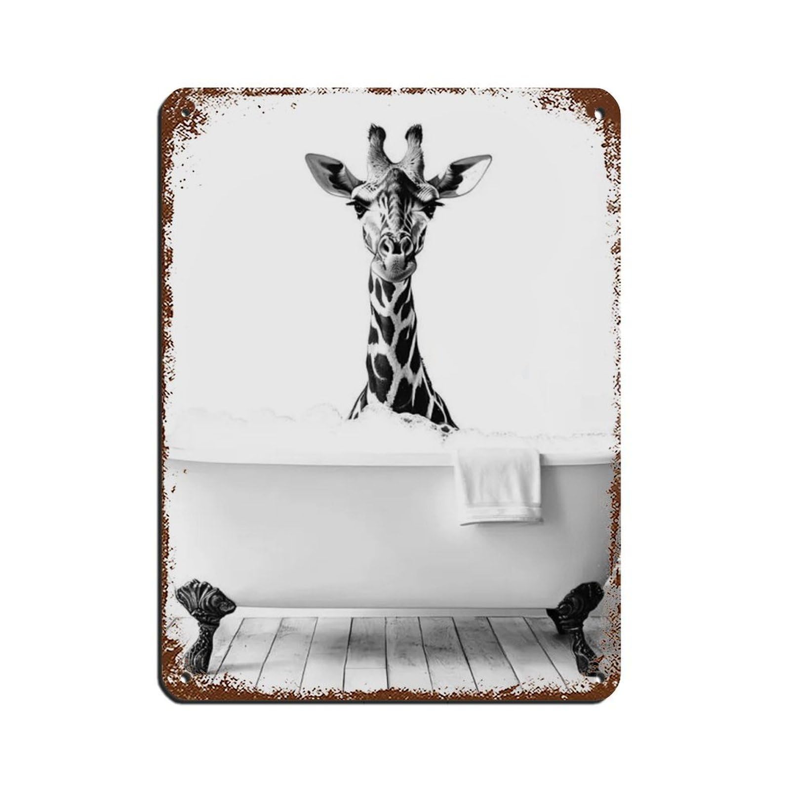 Giraffe in The Bathtub, Cute Bathroom Art Tin Sign Vintage Metal Pub Club Cafe Bar Home Wall Art Decoration Poster Retro 12x16inch(30x40cm)