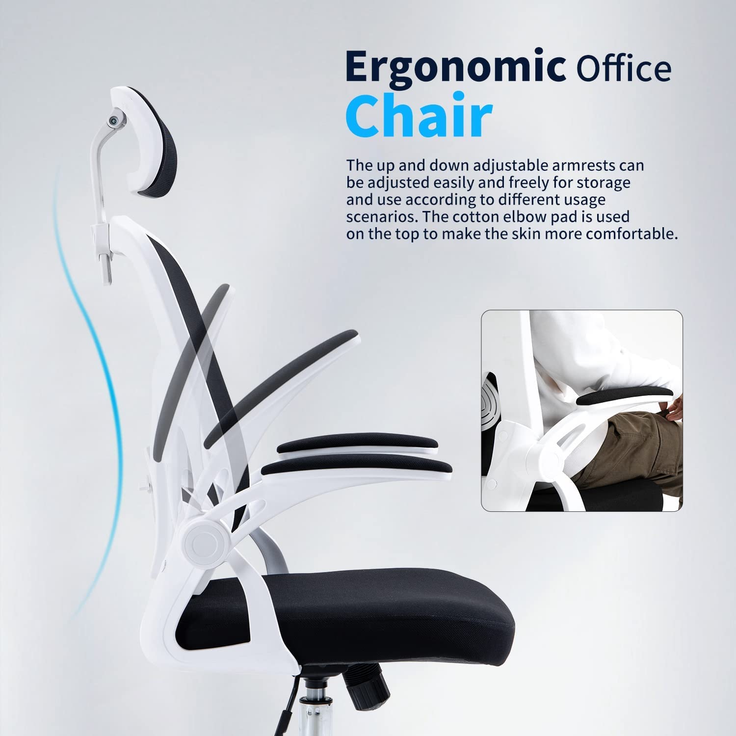 Ahua Ergonomische bureaustoel van mesh, lendensteun met inklapbare armen en verstelbaar, gemakkelijk op te bergen, ademende mesh-rugleuning comfortabel kussen, stille wielen voor model: CY-8013-GW