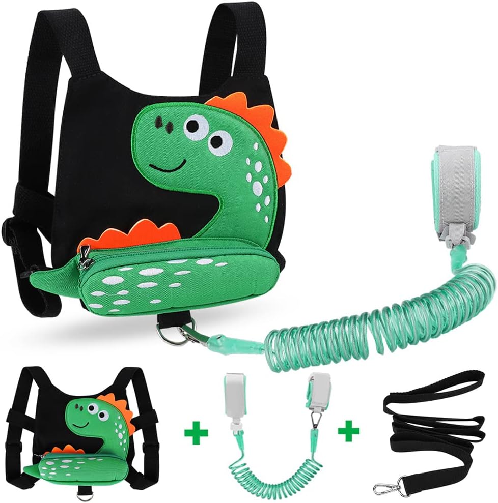 3 in 1 Toddler Harness Leashes + Anti Lost Wrist Link Set for Mon, Accmor Cute Dinosaur Harness Leash, Child Walking Wristband Assistant Strap Belt for Parent Kids Outdoor Activity (Black)