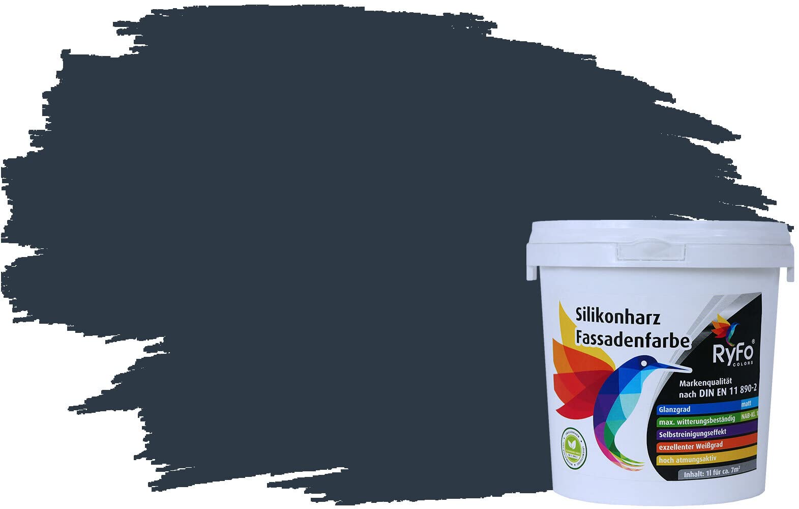 RyFo Colors Silikonharz Fassadenfarbe Lotuseffekt Trend Graublau 1l - bunte Fassadenfarbe, weitere Blau Farbtöne und Größen erhältlich, Deckkraft Klasse 1
