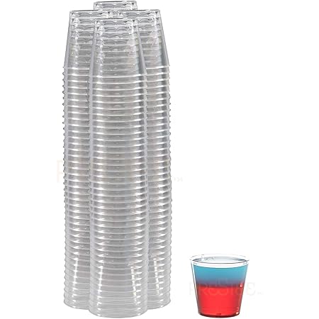 100 Clear Plastic Shot Glasses Bulk, 1oz. - Mini Glass, Small Cup, Shot Glass, Small Plastic Cups - Party Pack, Kitchen Supplies - Disposable & Reusable Container for Birthday, Parties, & Events