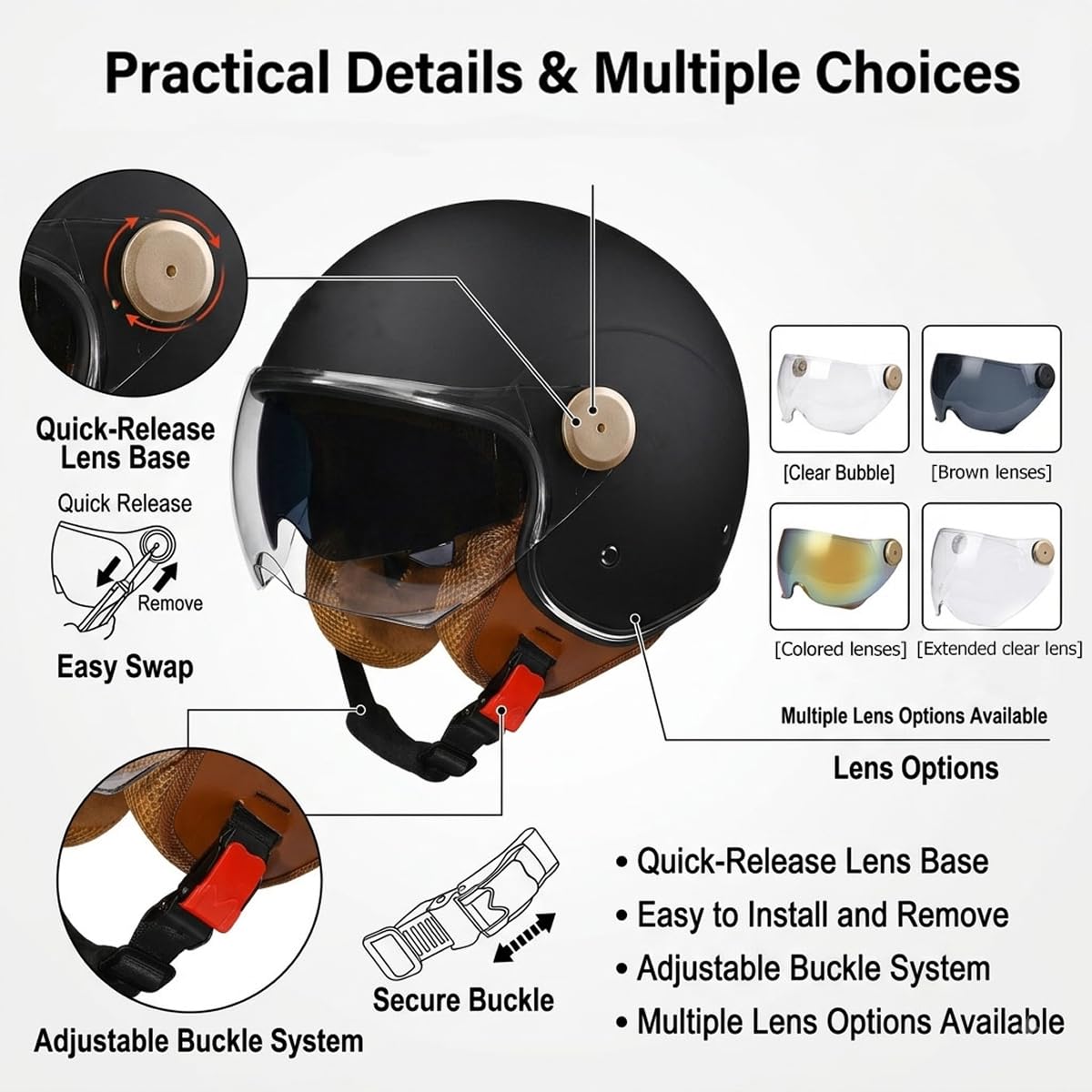 Casque Moto Jet Rétro 3/4 ECE 22.06 avec Double Visière