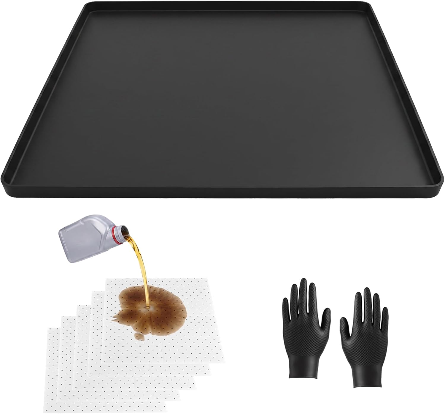 29"x29" Silicone Oil Drip Pan Kit with 5 Absorbent Pads&Gloves, Black