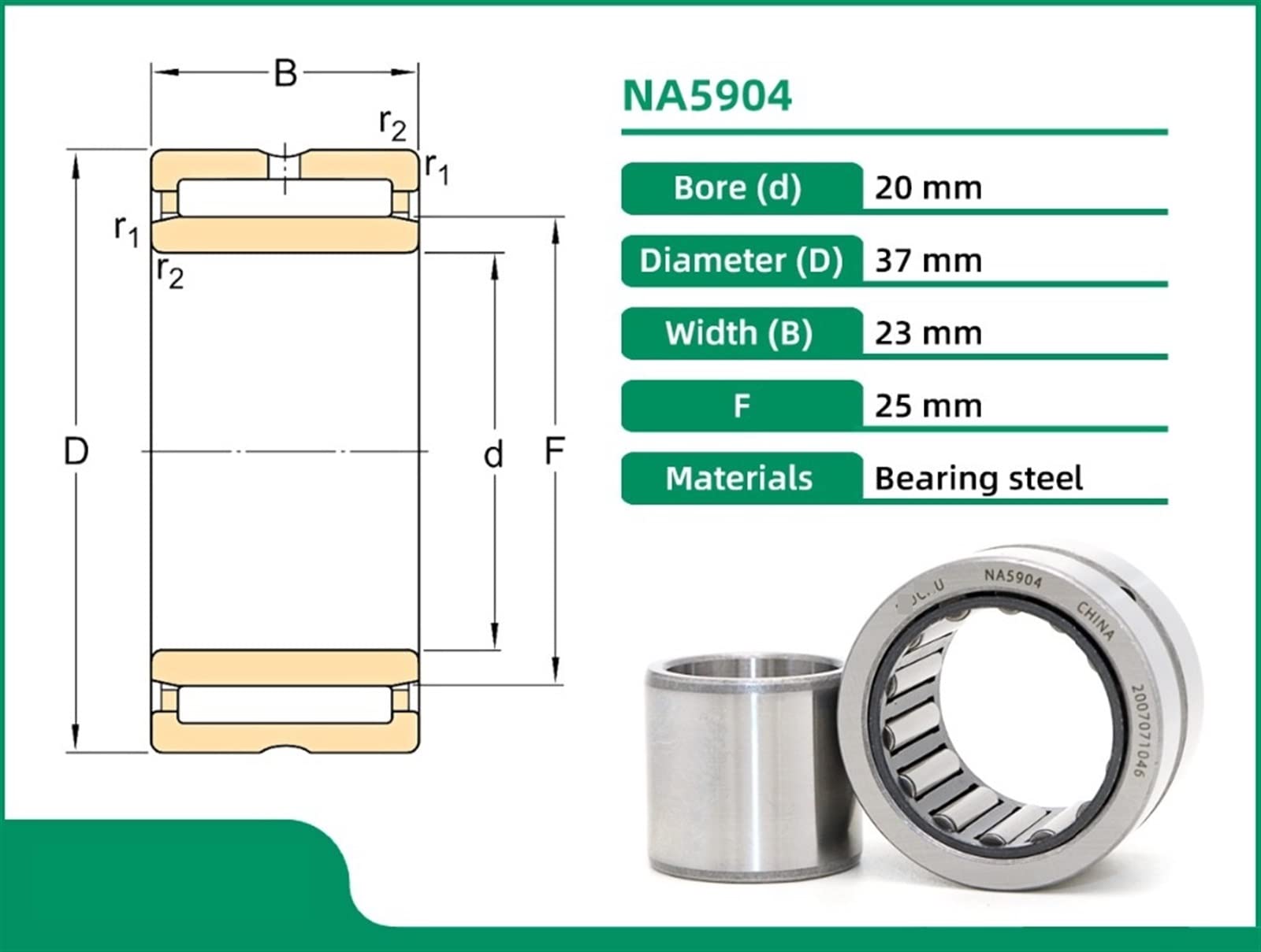 NA5904 20X37X23 Needle Roller Bearings with machined Rings with an Inner Ring 1Pcs