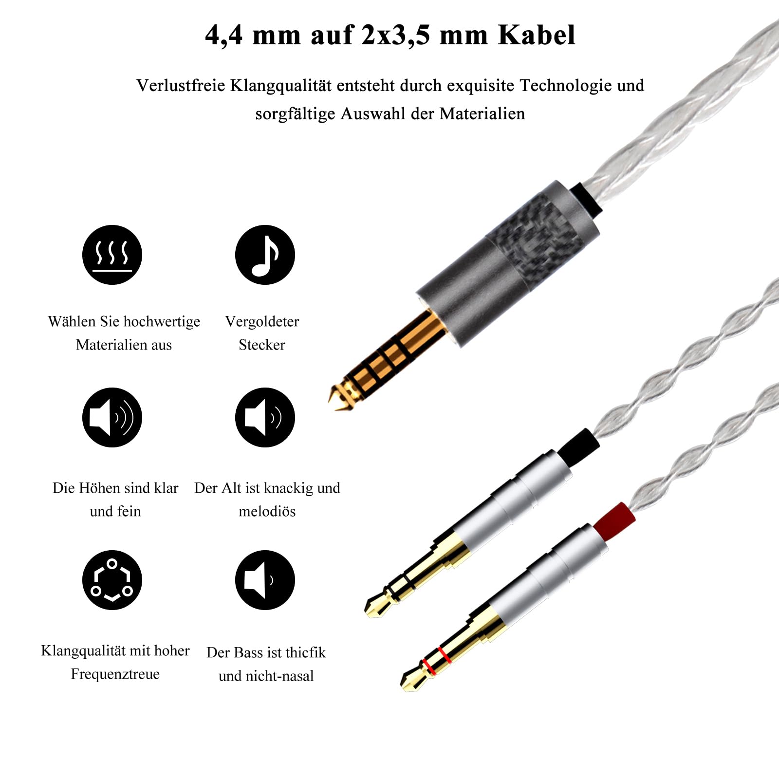 Monosaudio Câble de mise à niveau pour casque HiFi haut de gamme - 4,4 mm mâle vers double 3,5 mm - Isolation PTFE - Câble de rechange de 1,5 m avec 16 fils OCC - Conducteur en cuivre OCC - Pour HE4XX