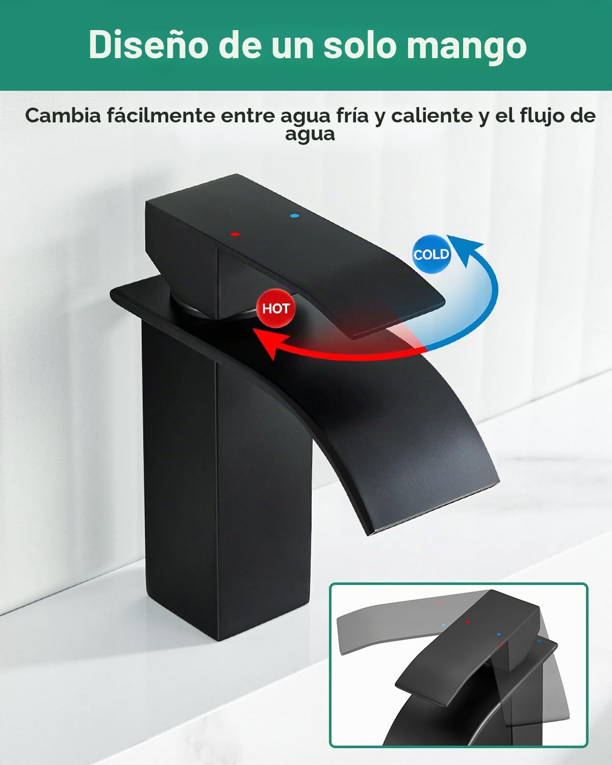 ANYCEE Grifo Lavabo Negro con Caño Cascada, Grifo Monomando Lavabo con Caño Altura de 8,5cm, Grifo Baño Cascada Negro con Agua Caliente y Fría