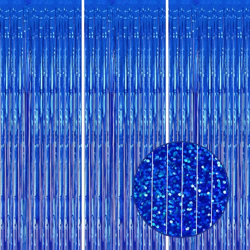 DECOCKRAT 3 Pack Foil Fringe Backdrop - Laser Royal Blue Shiny Tinsel Curtains for Party Decoration/Photo Booth Props - 3.3x8.2 FT Metallic Foil Backdrop for Birthday, Wedding, Graduation, Christmas
