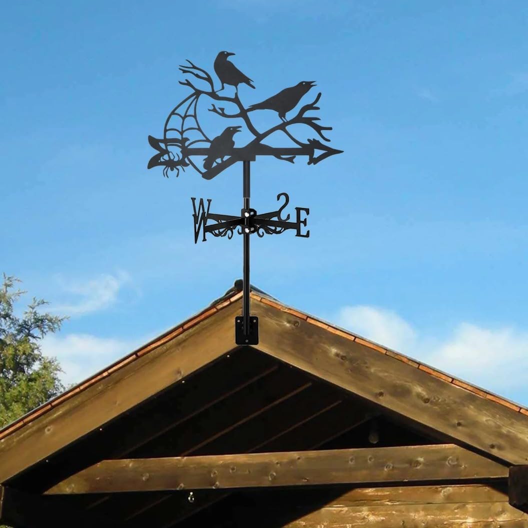 Metal Crow Weather Vane Standing Decor Roof Weathervane Garden Halloween Decoration for Home Fence Post Yard Building, Black