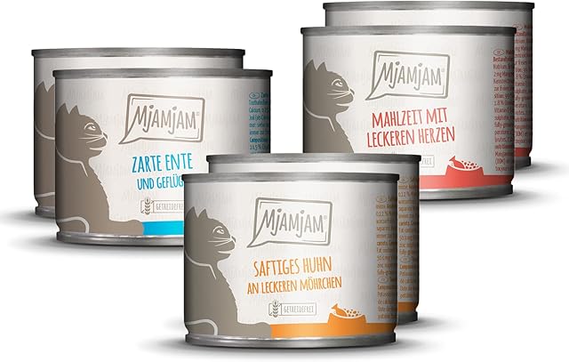 MjAMjAM - premium wet food for cats - trial pack, pack of 6 (6 x 200 g), grain-free with extra meat