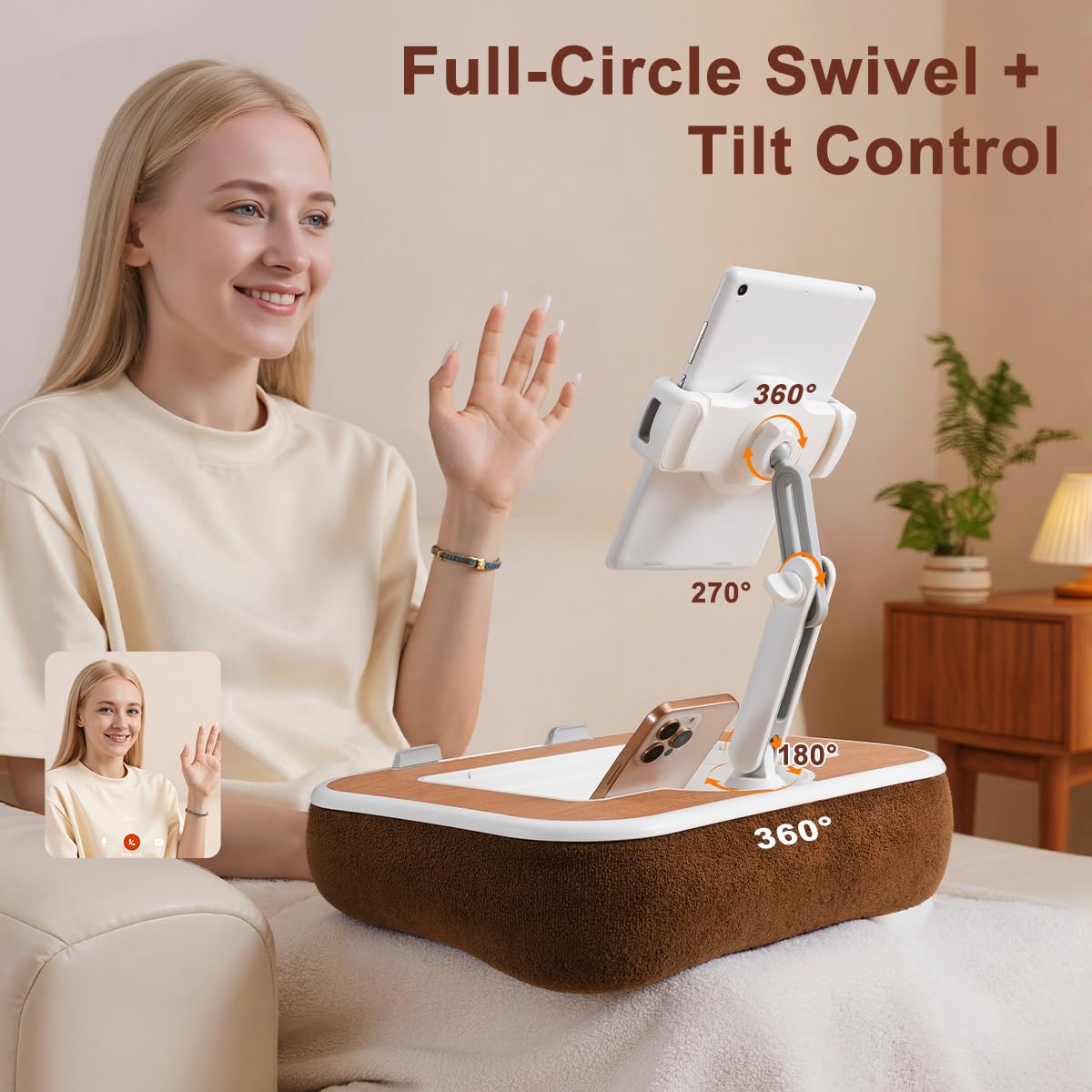 Tablet Pillow Stand,Phone Holder for Bed,Laptop Lap Desk with Snack Bowl,360° Rotating Clip Compatible with 4.7-13" iPad/Kindle/Phone,11-15" Laptop,Hands-Free Reading and Relaxation on Bed(): Wood Grain