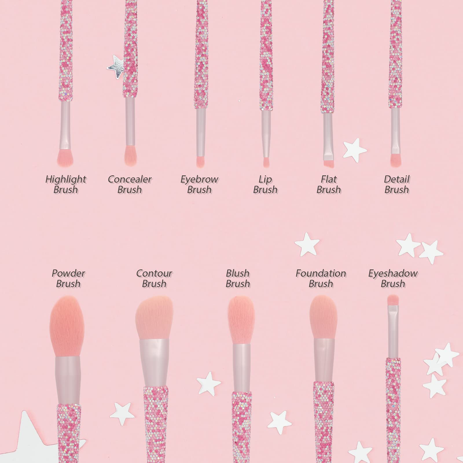 Set di 11 pennelli da trucco professionali, con strass, per miscelare fondotinta liquido, cipria, correttore, ombretti, strumenti di bellezza glitterati (rosa AB)