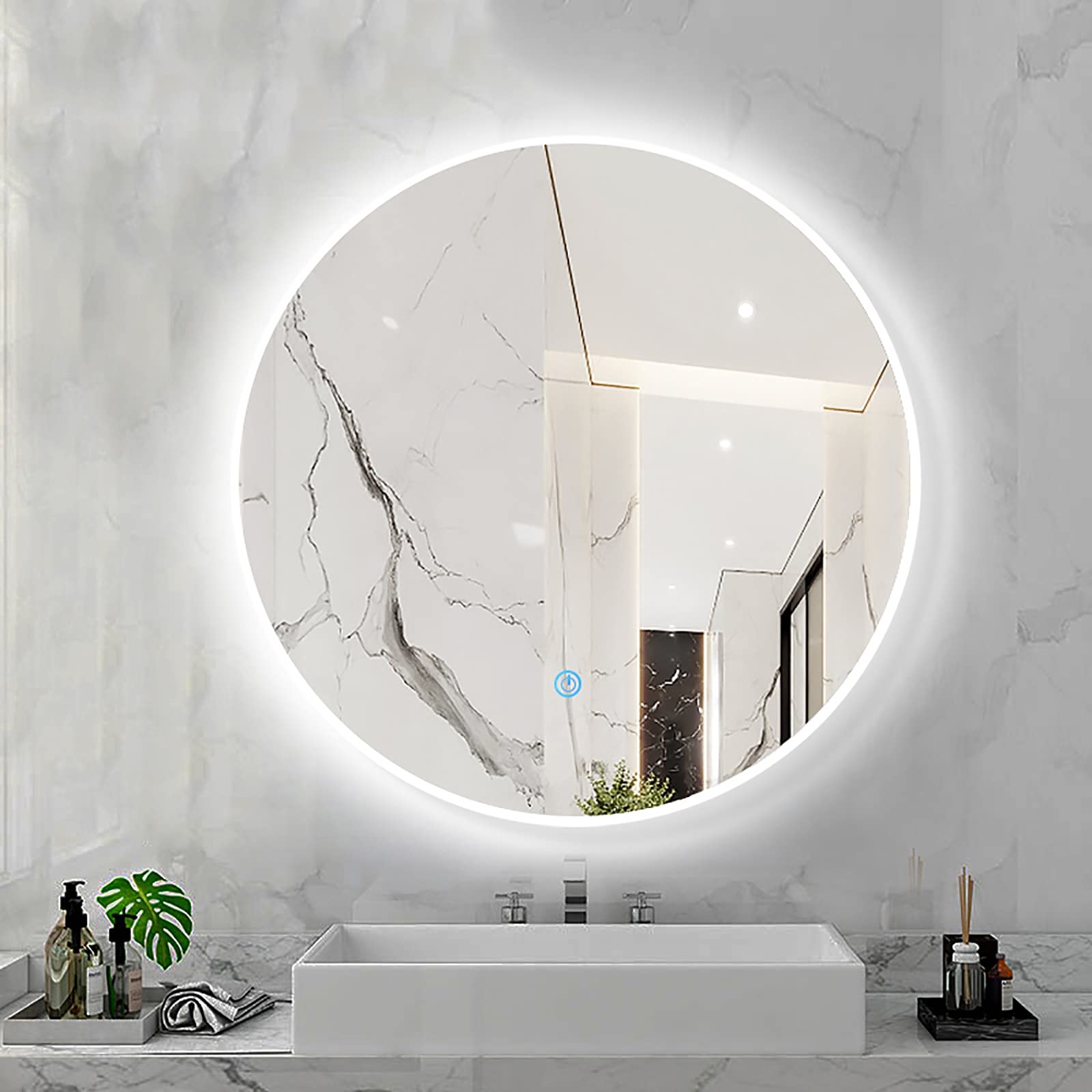 SXFSDOU LED Backlit Round Bathroom Mirror with Sensor Touch Control 3 Colour Dimming Function Wall Mounted Makeup Aluminum Alloy Frame (White 80X80CM)