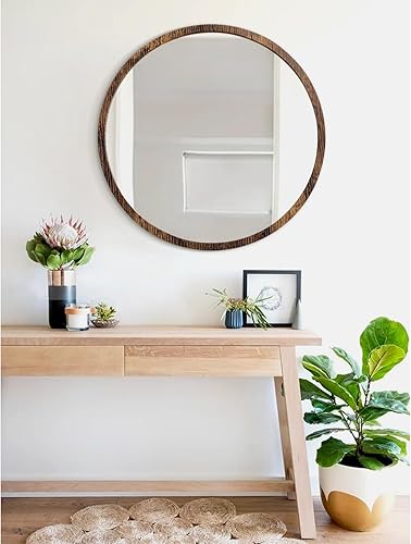 Miniatura 135 de JJUUYOU Espejo circular de pared redondo para baño, espejo de tocador gris, pequeño círculo decorativo para pared, marco de madera, espejo