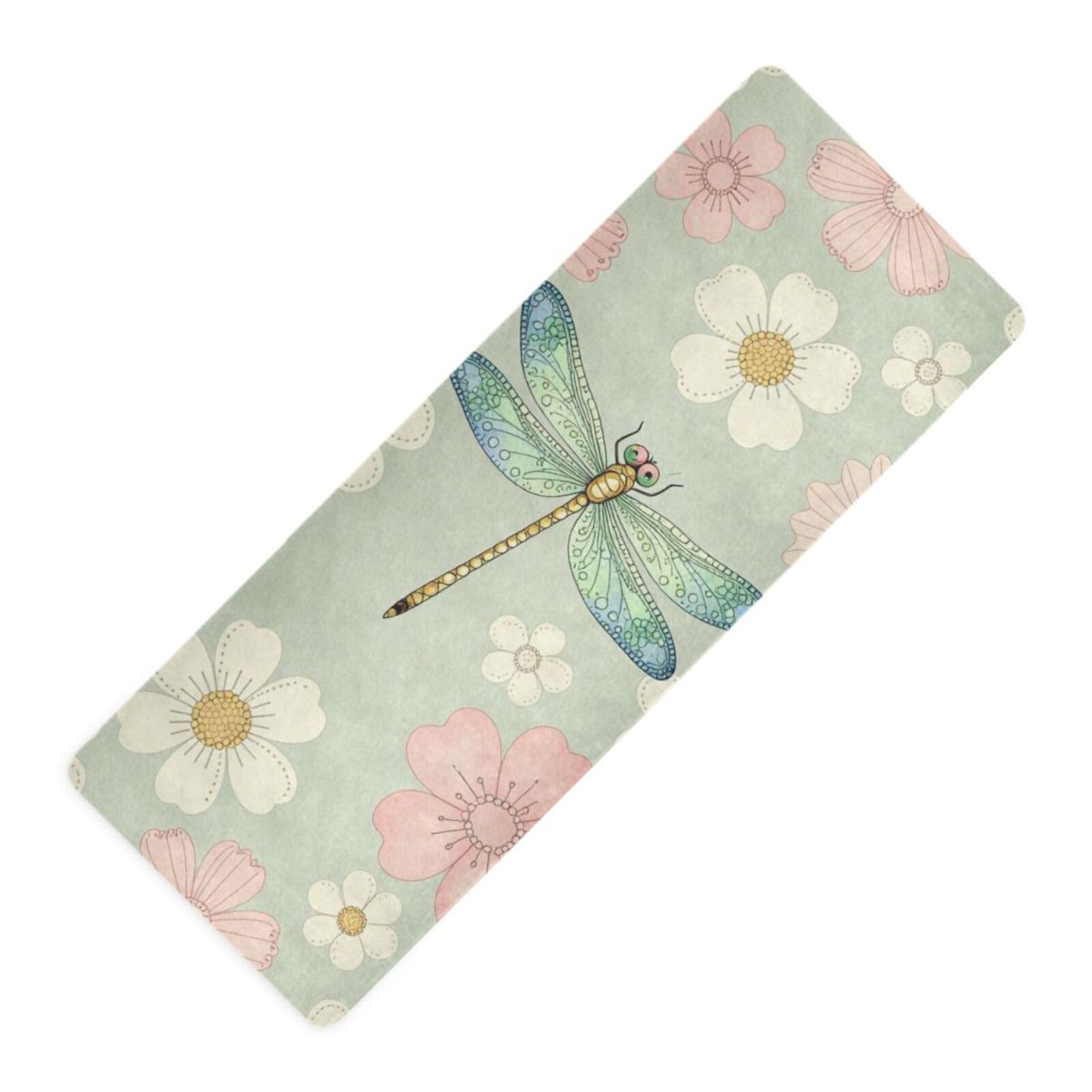 Esterilla de yoga de viaje impresa con diseño de libélula y flores blancas para jardín, plegable, ligera, gruesa de 1 mm, antideslizante, con bolsa de yoga para ejercicio, 180 x 66 cm