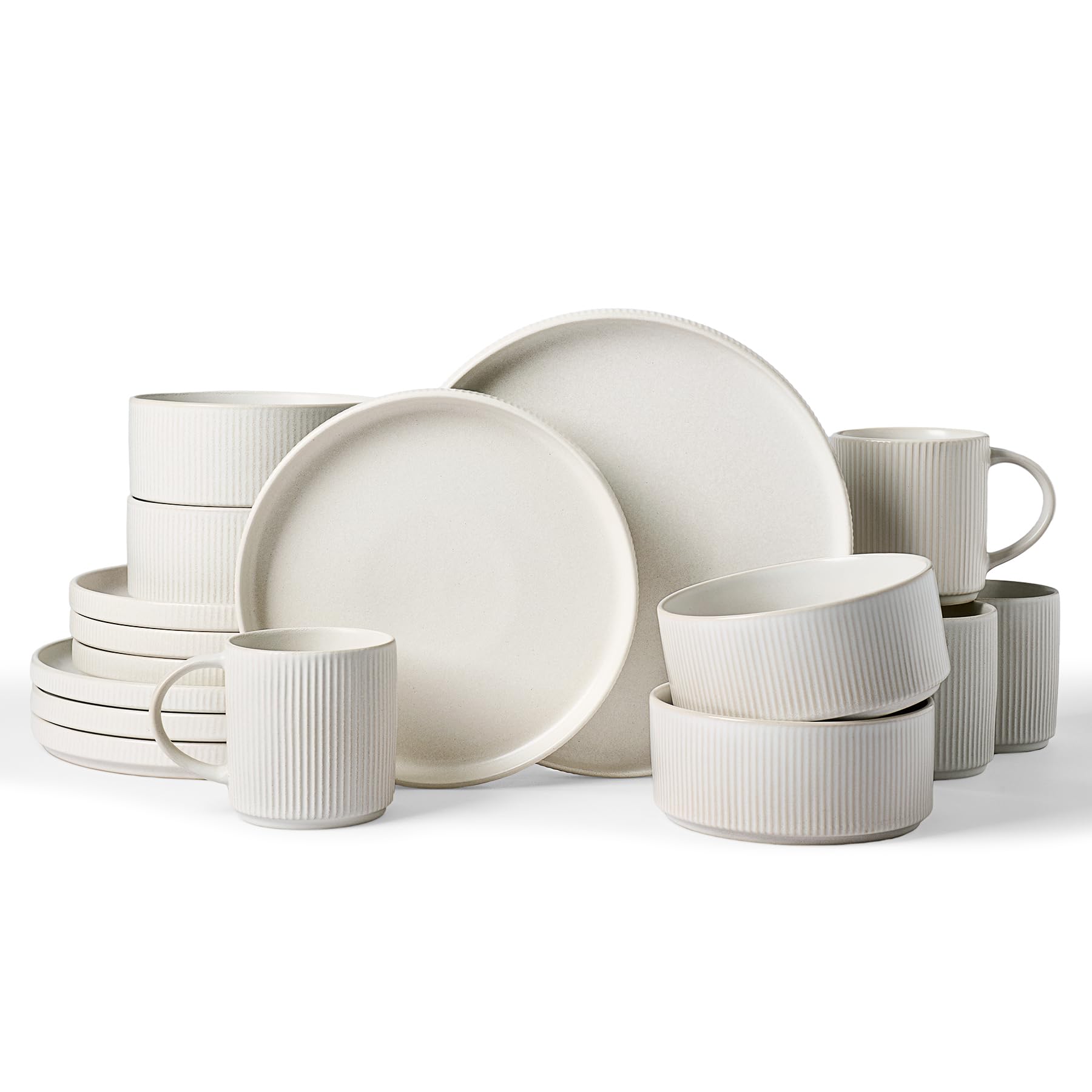 Famiware Star Dinnerware Set with Mugs, Service for 4 (16pcs), Ribbed Stoneware Plates and Bowls Dishes Sets - Chip & Scratch Resistant, Microwave &