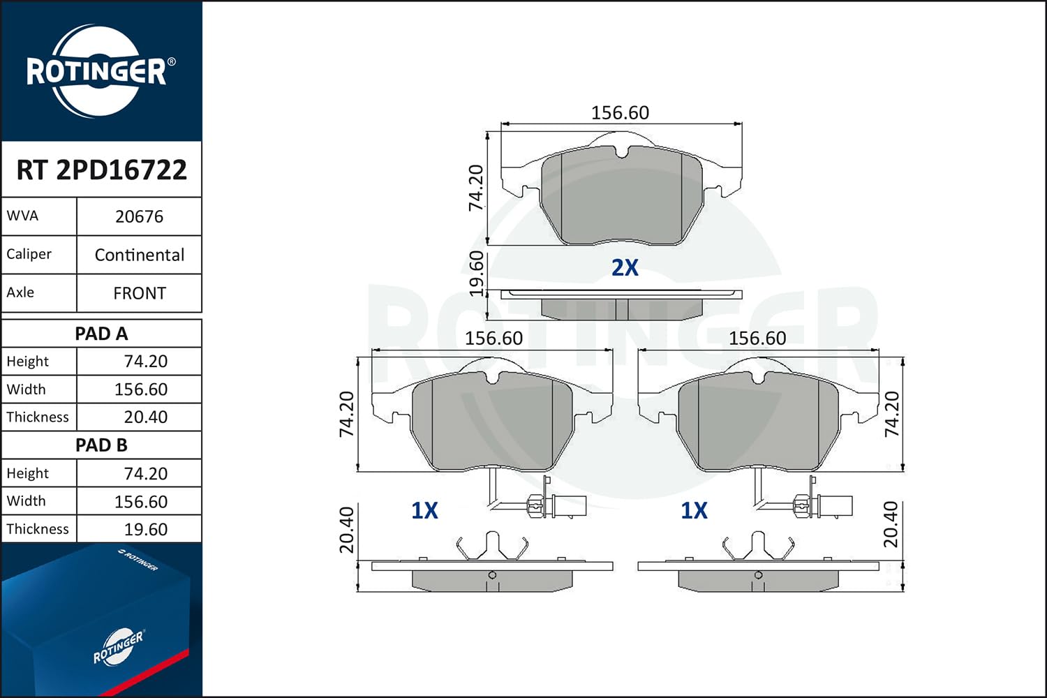 Klocki hamulcowe ROTINGER (Przód) RT 2PD16722, ECE R90, Komplet 4 sztuk