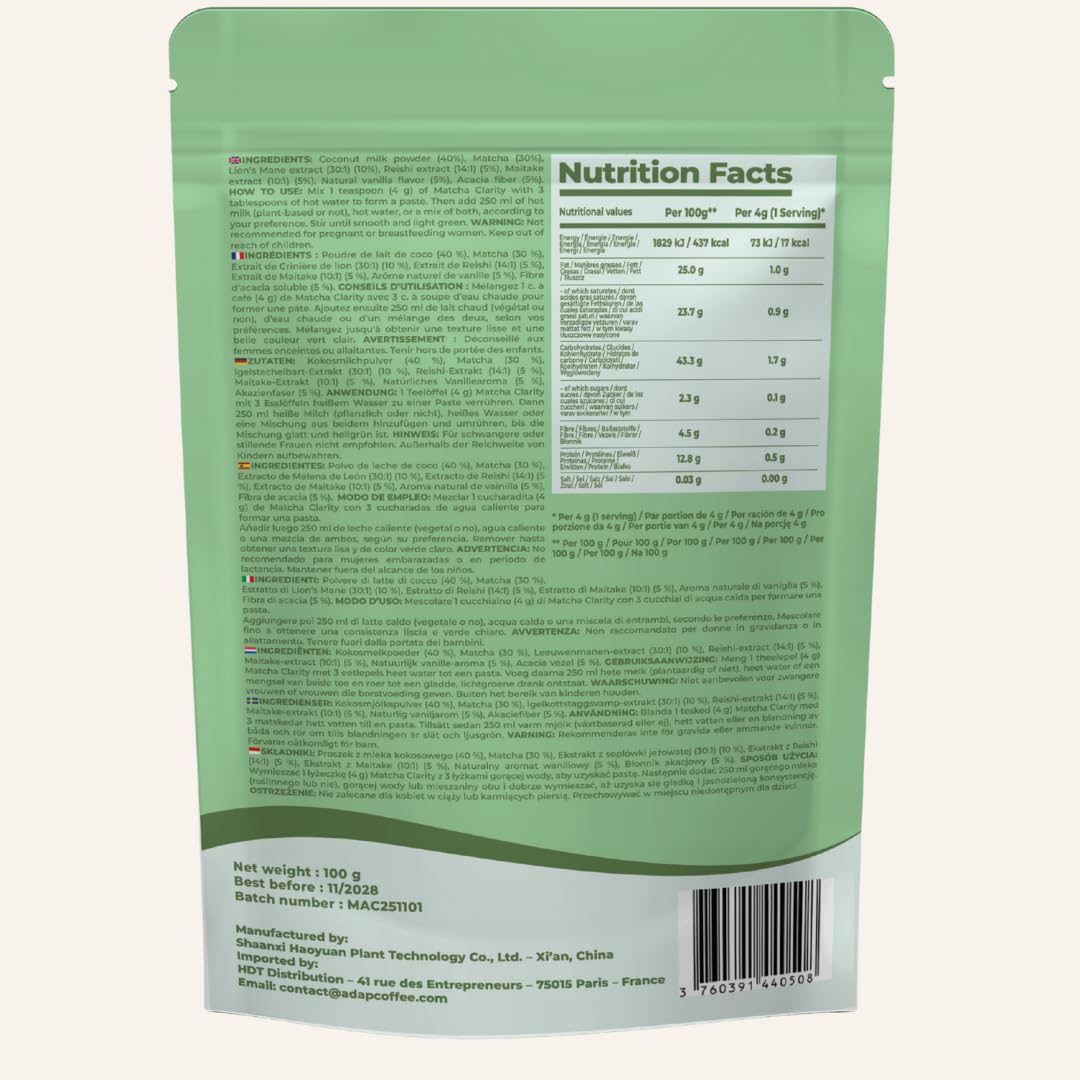 Matcha Clarity – Thé Matcha Cérémonial aux Champignons Adaptogènes – Lion’s Mane, Reishi & Maitake – Énergie Naturelle & Concentration – Vegan, Sans Sucre Ajouté – 25 tasses (100g)