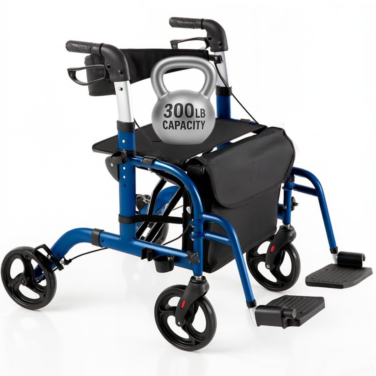 2 in 1 Walker Wheelchair Combo - Foldable Aluminum Rollator with Footrests - Convertible to a Transport Chair - Maximum Mobility in All Situations