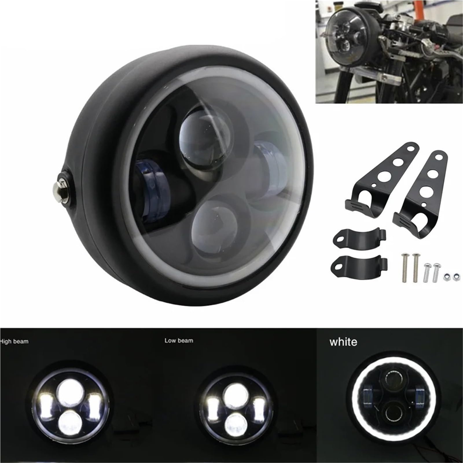 Faro anteriore a LED per moto universale adatto per Harley Cafe Racer Bobber adatto per Honda(Light with bracket)