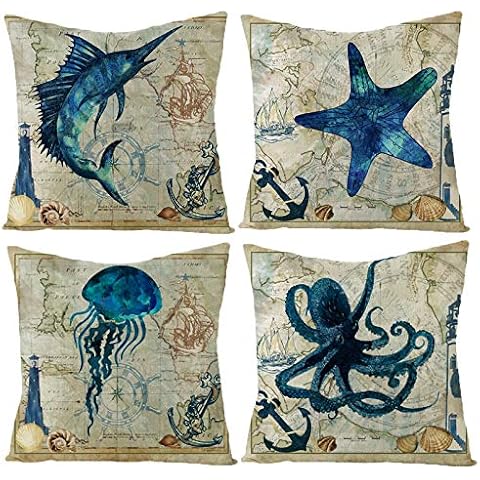 HOSTECCO Fundas de Almohada Vintage de Animales Marinos Cover