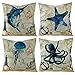 HOSTECCO Juego de 4 fundas de almohada vintage con diseño de animales marinos, peces azules, estrellas de mar, medusas, pulpo, fundas de cojín decorativas, 45,7 x 45,7 cm