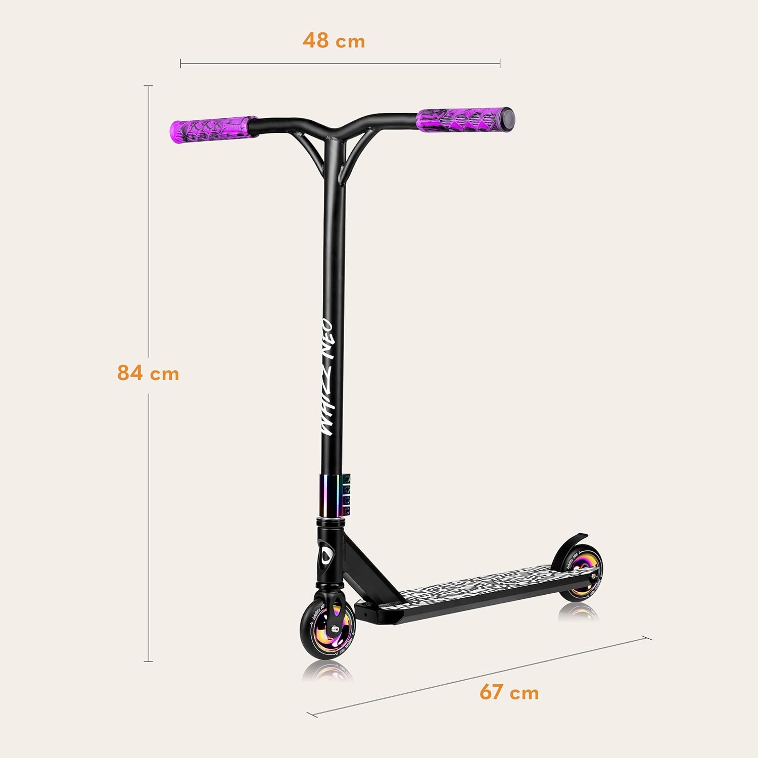 Diagram showing the dimensions of the Lionelo Whizz scooter: 48 cm handlebar width, 84 cm height, 67 cm length.
