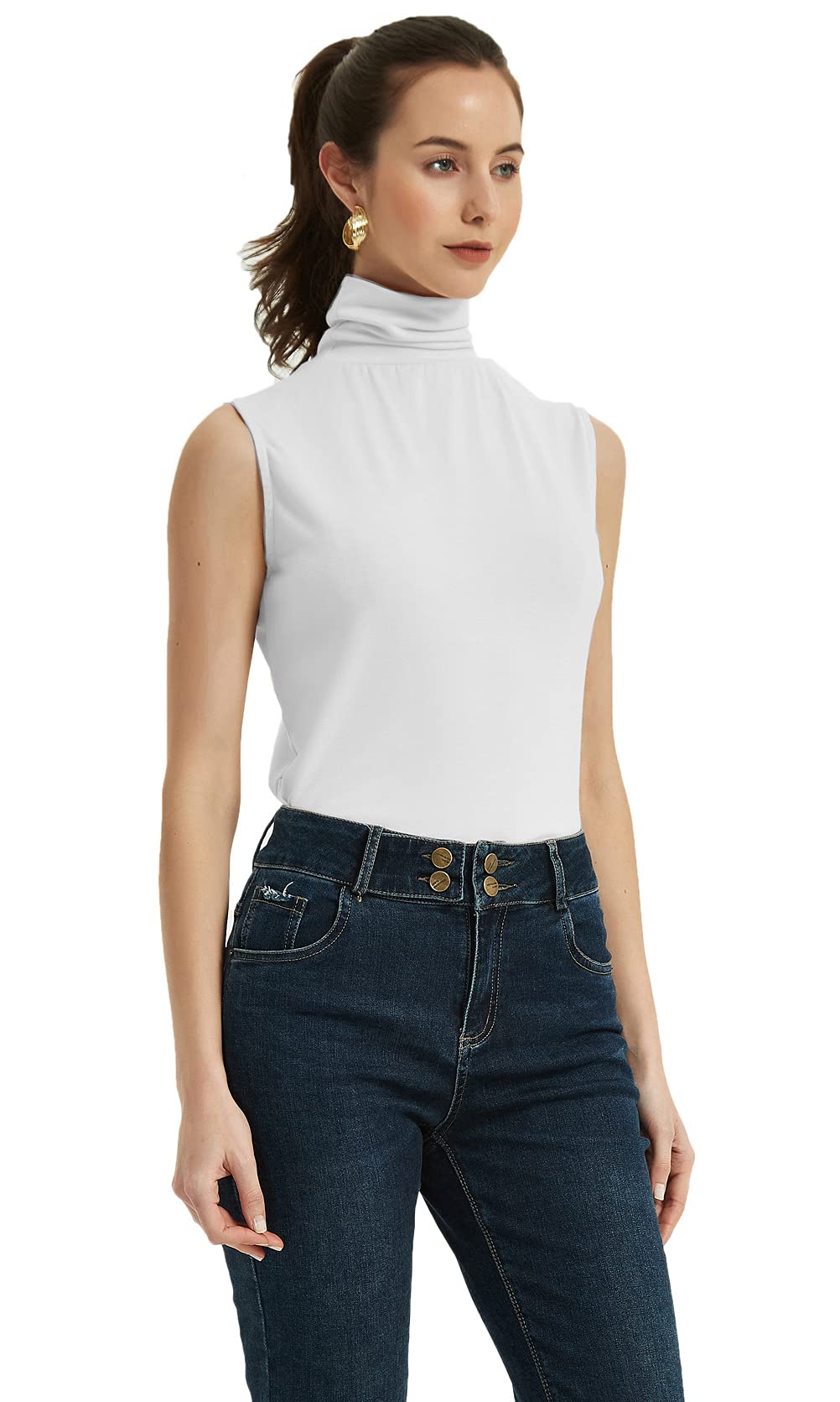 Sunfaynis Women's White Soft Cotton Mock Turtleneck Shirt Baselayer Tops Underwear Shirt, Large
