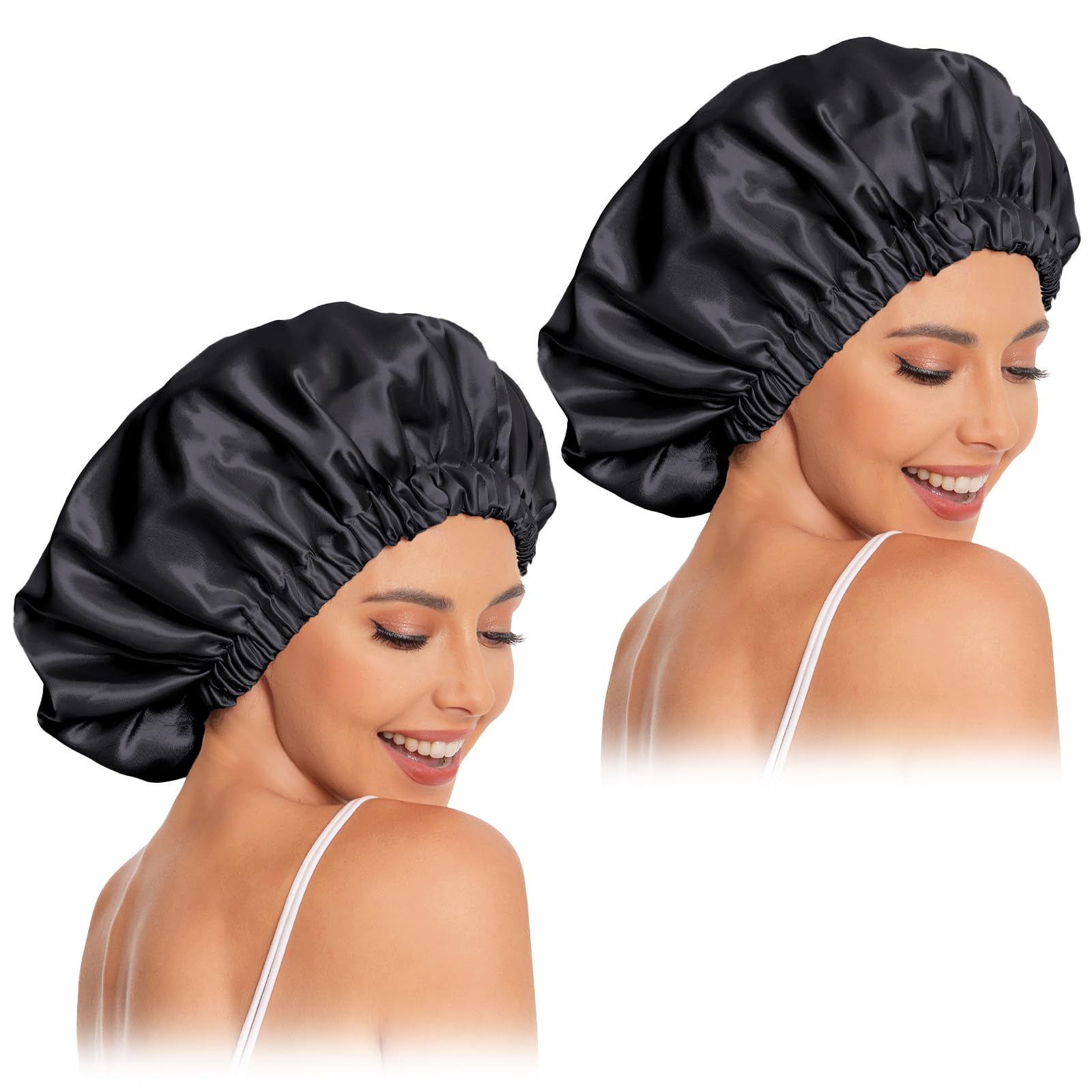 Satin Bonnet Silk Bonnet Hair Bonnet for Sleeping-Slouchy Beanie Hat Satin Sleep Cap for Women's Natural & Curly Hair(2Pcs Black)