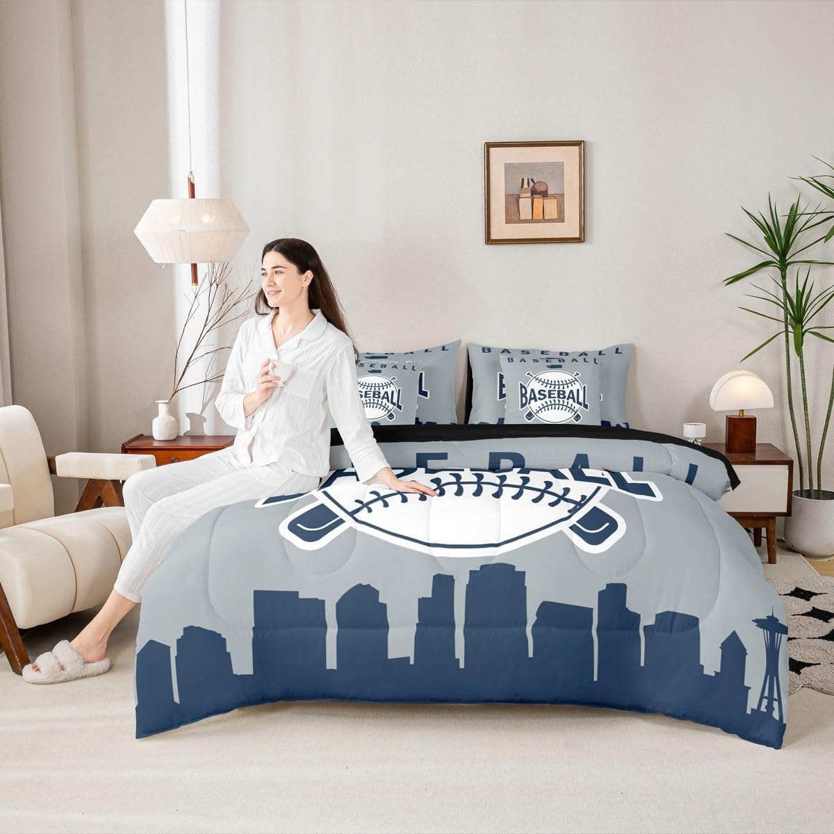 Kids Baseball 7 Piece Bedding Set For Queen Bed,Baseball City Bed In A Bag Sports Ball Games Comforter Set With Sheets City Building Silhouette Bed Sets For Boys Teens Adult, Grey Navy Blue