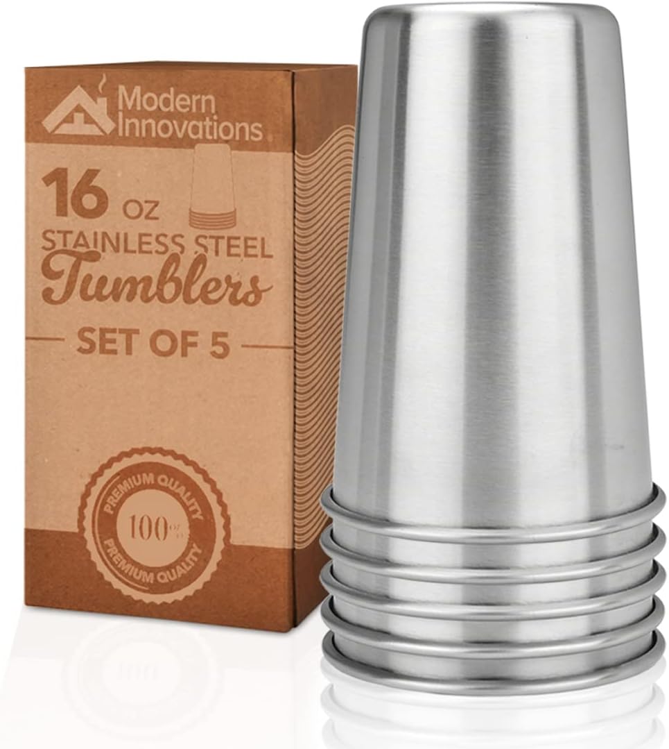 16 Ounce Stainless Steel Pint Cups - Stackable Pint Cup Tumblers For Travel – Metal Cups For Drinking Outdoors - 16 Oz Reusable Steel Cups - 5 Pack