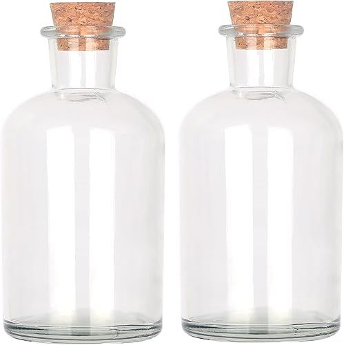 Magic Season Botellas de vidrio decorativas con tapones de corcho (8.5 fl oz. botellas redondas2 piezas)
