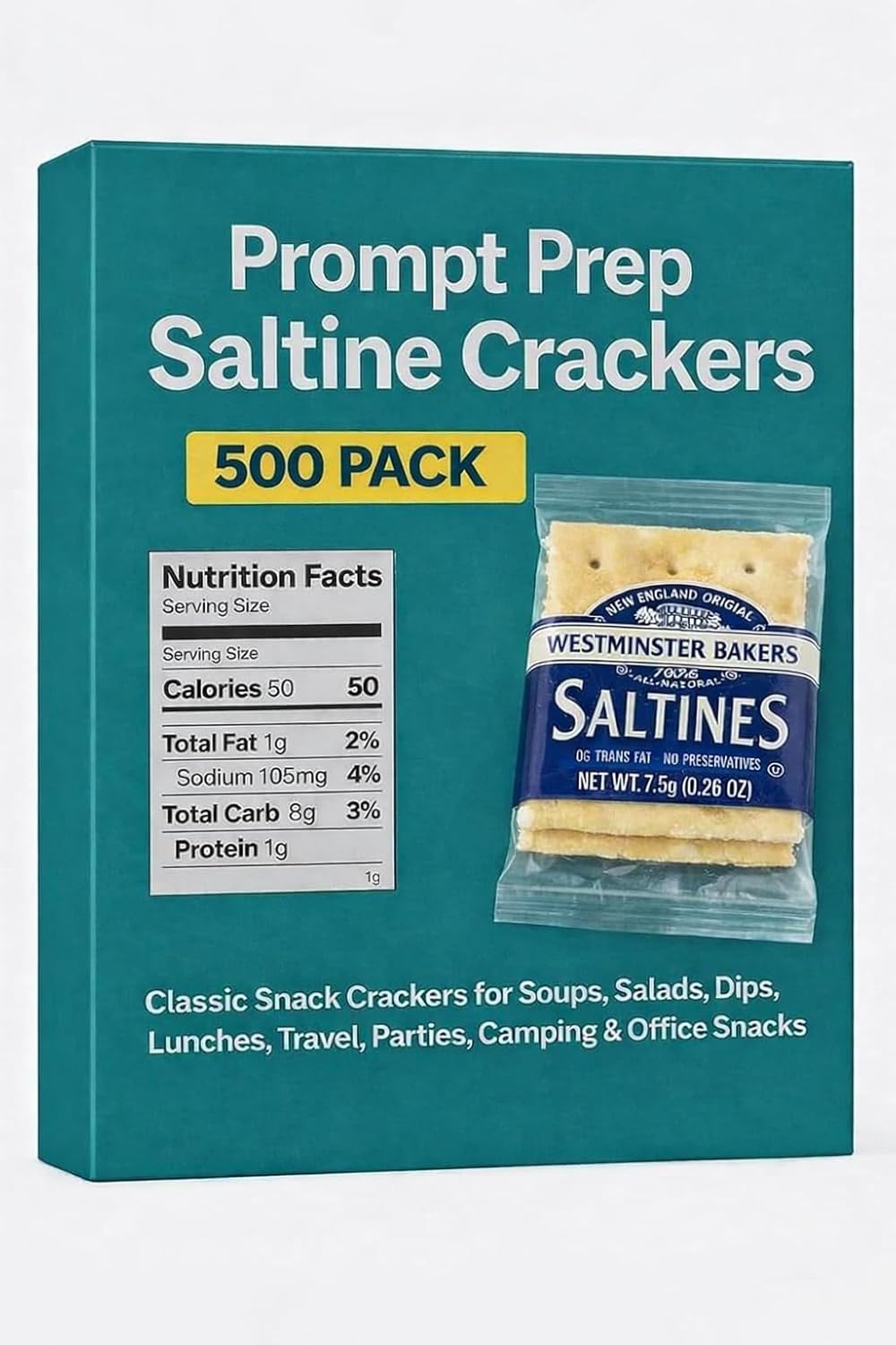 Prompt Prep Westminster Saltine Crackers, 500 Pack – Individually Wrapped Saltines, Fresh Baked Snack Crackers for Soups, Salads, Dips, Lunches & Office Snacks