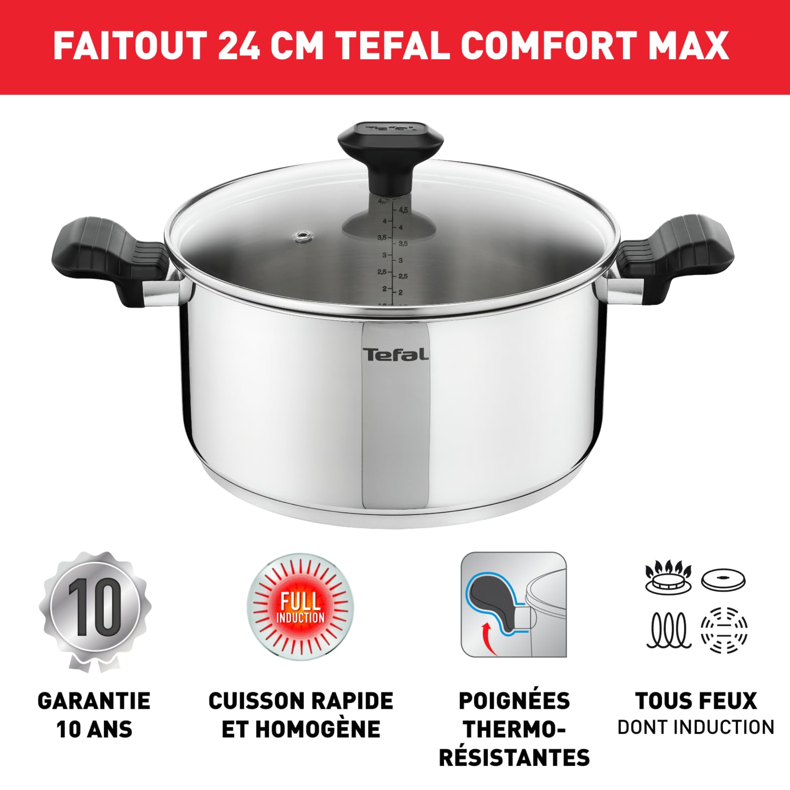 Tefal Comfort Max Faitout 24 cm + couvercle verre, Induction, Inox haute qualité, Poignées thermo-isolées, Garantie 10 ans C9734604