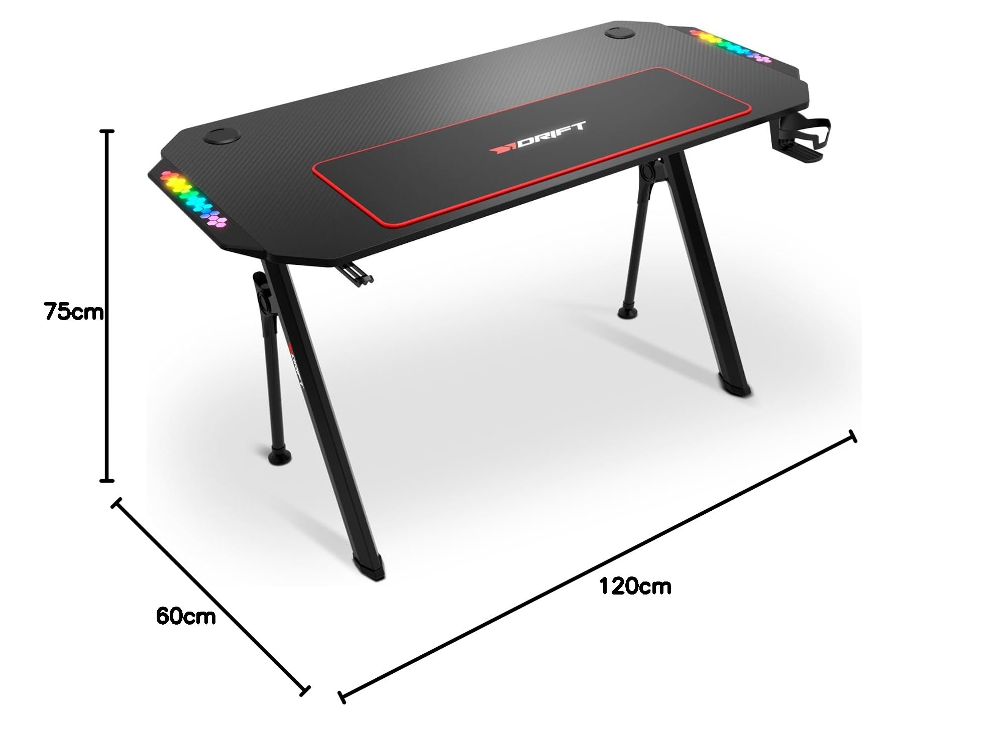 Drift Gaming DRDZ175RGB – Mesa Gaming con Tablero de Fibra de Carbono, Laterales RGB reactivos al Sonido, Alfombrilla XL, Soporte para Bebidas y Auriculares, Color Negro