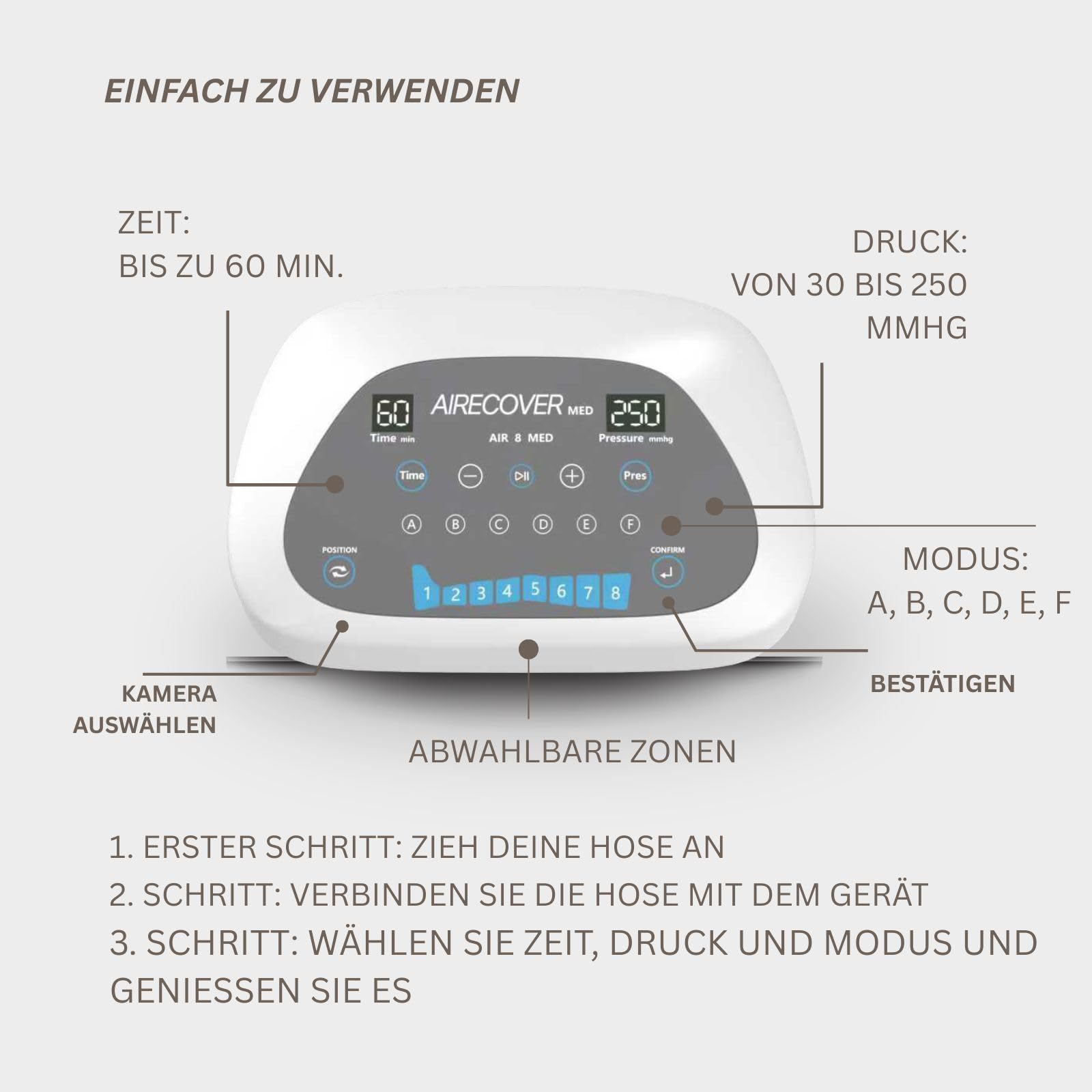 MED 8 Profi Kompressionssystem/Elektrische Lymphdrainage mit 8 Luftkammern, bis 250 mmHg Luftkompression, Beinmassagegerät gegen Cellulite, Regeneration & Durchblutung, 6 Programme