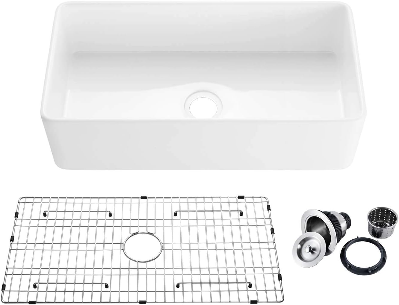 KIBI K2-SF36 36-Inch Single Bowl Fireclay Farmhouse Kitchen Sink, Apron Front | Heat Safe Glazing | With Bottom Grid & Strainer | Durable and Easy to Clean | Pure Series, White