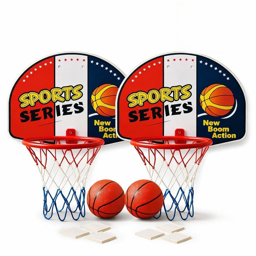 Toyana 2 PCs Wall Mounted Basketball Hoop Set for Kids with Backboard & Mini Basket Ball, Pump, Rim Net, Bedroom Over the Door, Indoor Outdoor Sports Game Activity Toy for Children Ages 3+ Years