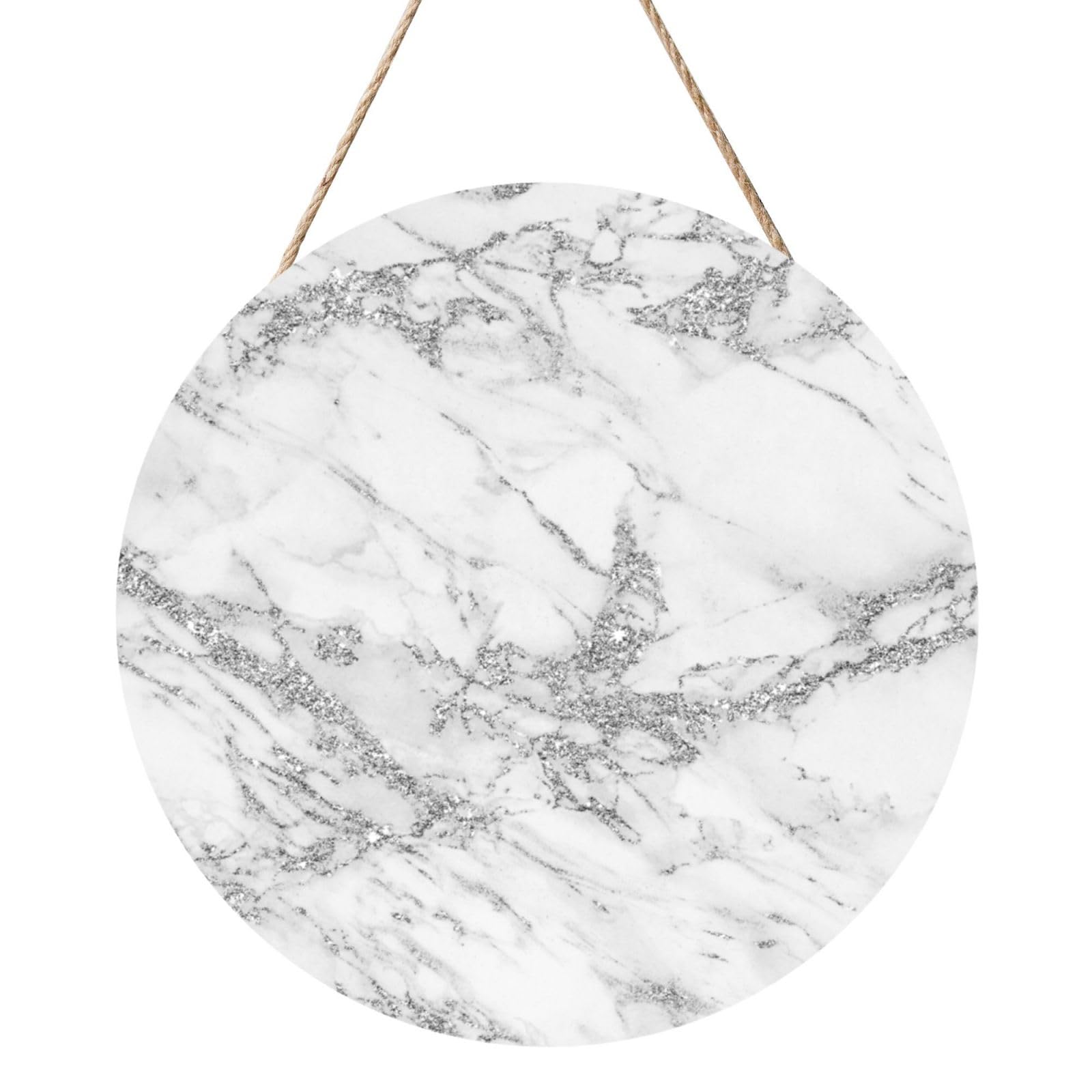 InOmak Elegant Chic White Gray Silver Glitter Marble, Round Wood Panel Painting 12 in, Wall Hanging Painting For Home