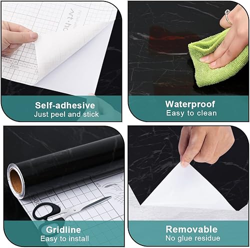 Miniatura 7 de Arthome - Papel tapiz de mármol negro, 17 x 240 pulgadas, papel de contacto de mármol, autoadhesivo, fácil de limpiar, película de vinilo para