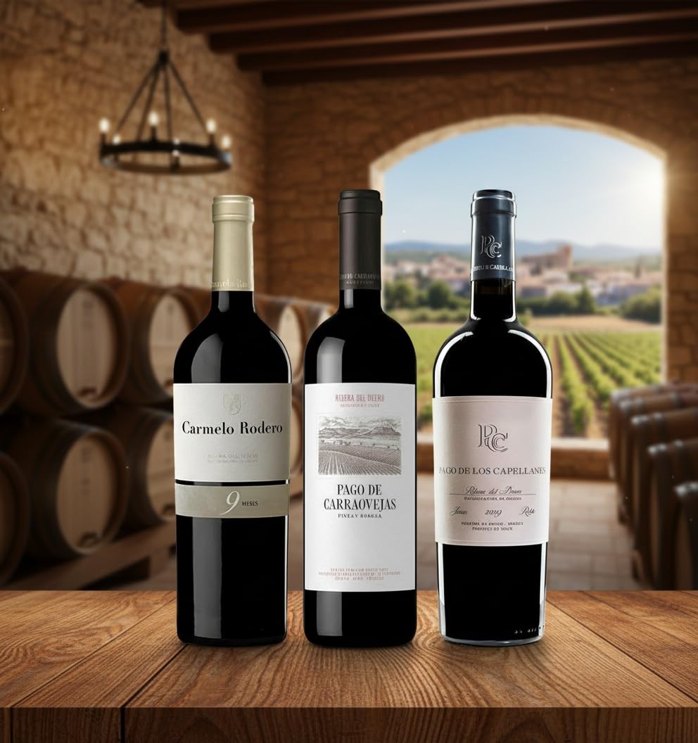 Pack Vinos Ribera del Duero - Envio 24h - Vinos Regalo - 3 x Botella 75 cl - Carmelo Rodero 9 Meses, Pago de Carraovejas, Pago de los Capellanes Roble - Mejor Seleccion ENOVINOS THE WINE BRAND