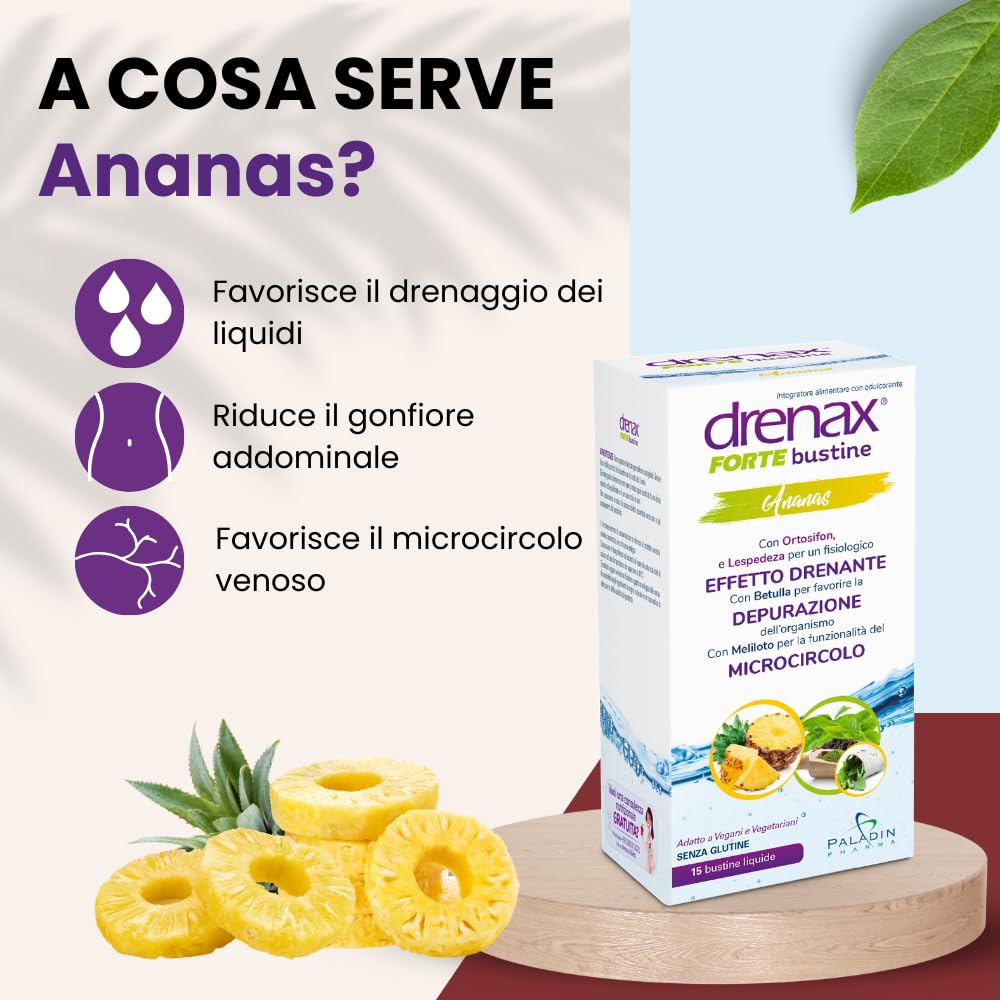 Drenax Forte Bustine Ananas – Integratore Alimentare Drenante con Betulla, Ortosifon e Lespedeza – Supporto al Drenaggio dei Liquidi e alla Funzionalità del Microcircolo – 15 Bustine