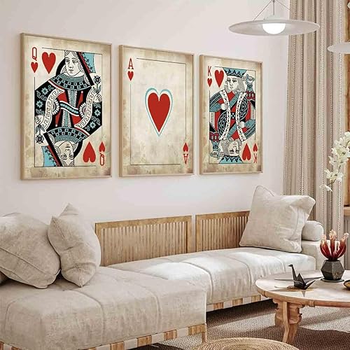 Arte de naipes retro, 3 piezas de arte de pared en lienzo, cartas de juego de reina y rey, arte de pared de naipes de corazón rojo, decoración de