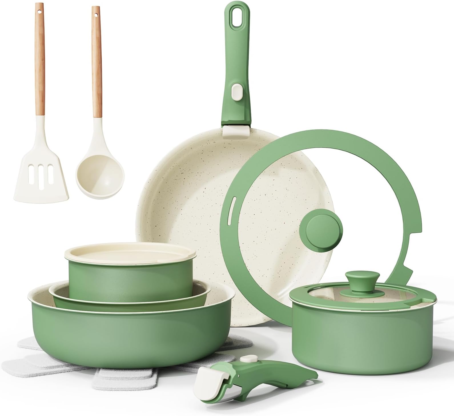 Bazova Ceramic Nonstick Cookware Set, Healthy,Non Toxic,17-Pieces Pots and Pans Set Removable Handles,Induction RV Kitchen Set,Stain & Scratch-resistant,Dishwasher/Oven Safe,PFAS/PFOA Free,Green