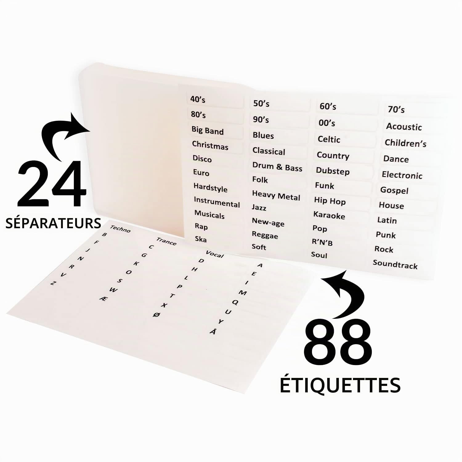 Lot de 24 intercalaires pour CD avec étiquettes de genre Transparent 3 l - 88 étiquettes transparentes, autocollantes et sculptées - 24 unité