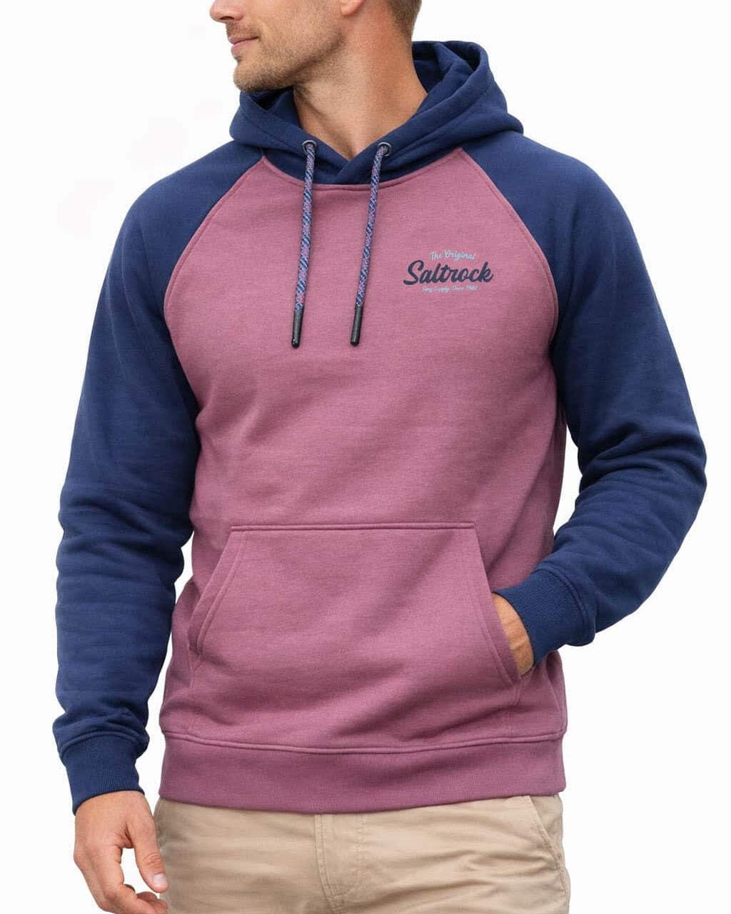 Saltrock Men's Navy/Dark Pink ’S Raglan Hoodie – Postcard Script Graphic Sweatshirt, Dark Pink/Blue, Cotton Blend Pullover With Kangaroo Pocket, Standard Fit (Uk, Alpha, M, Regular, Regular, )