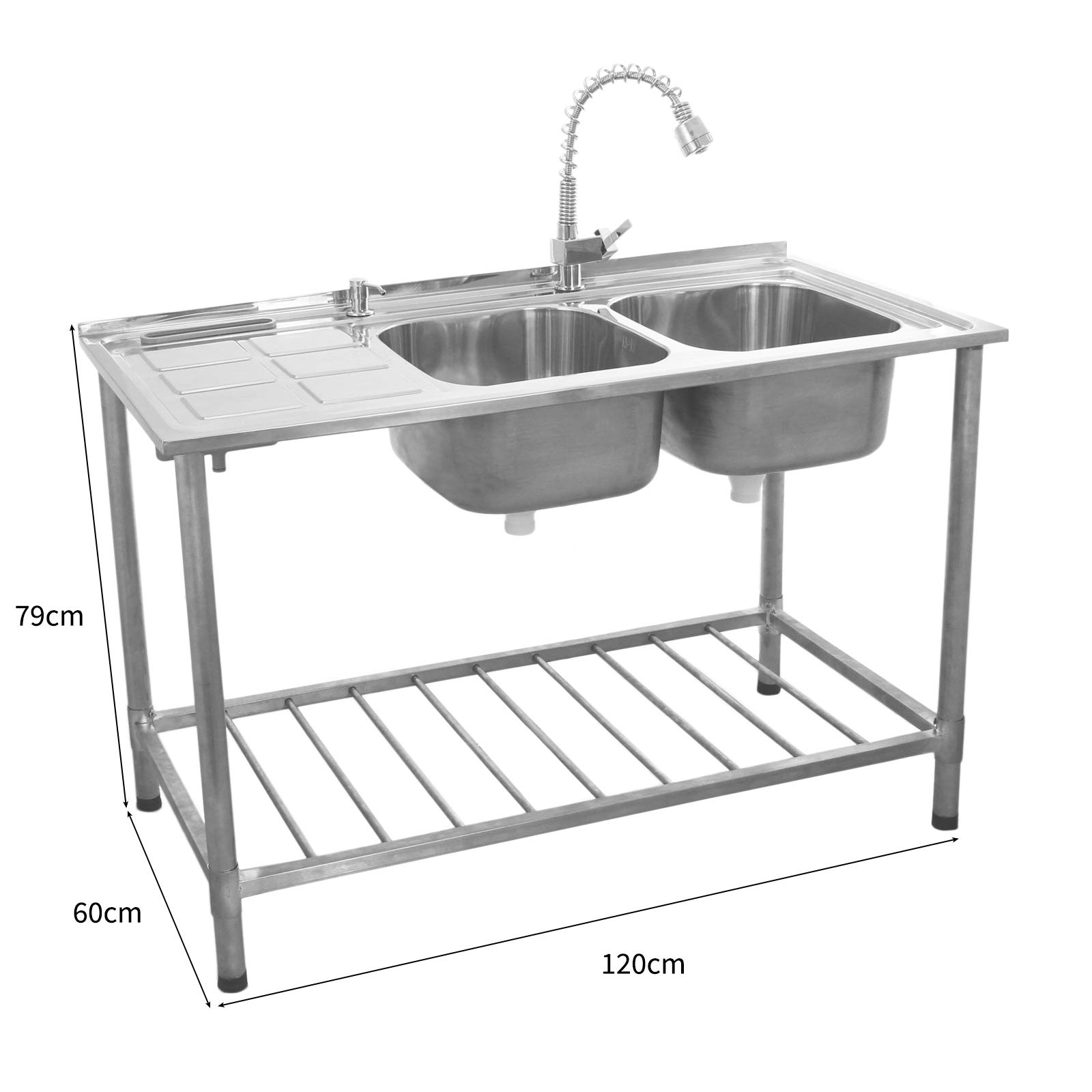 KuKoo Fregadero de Cocina Independiente Doble Seno con Escurridor a la Izquierda Acero inoxidable 120x79x60cm con Dispensador Jabón Tapones de Colador + Grifo GRATIS Lavaplatos 2 Senos+Escurridor