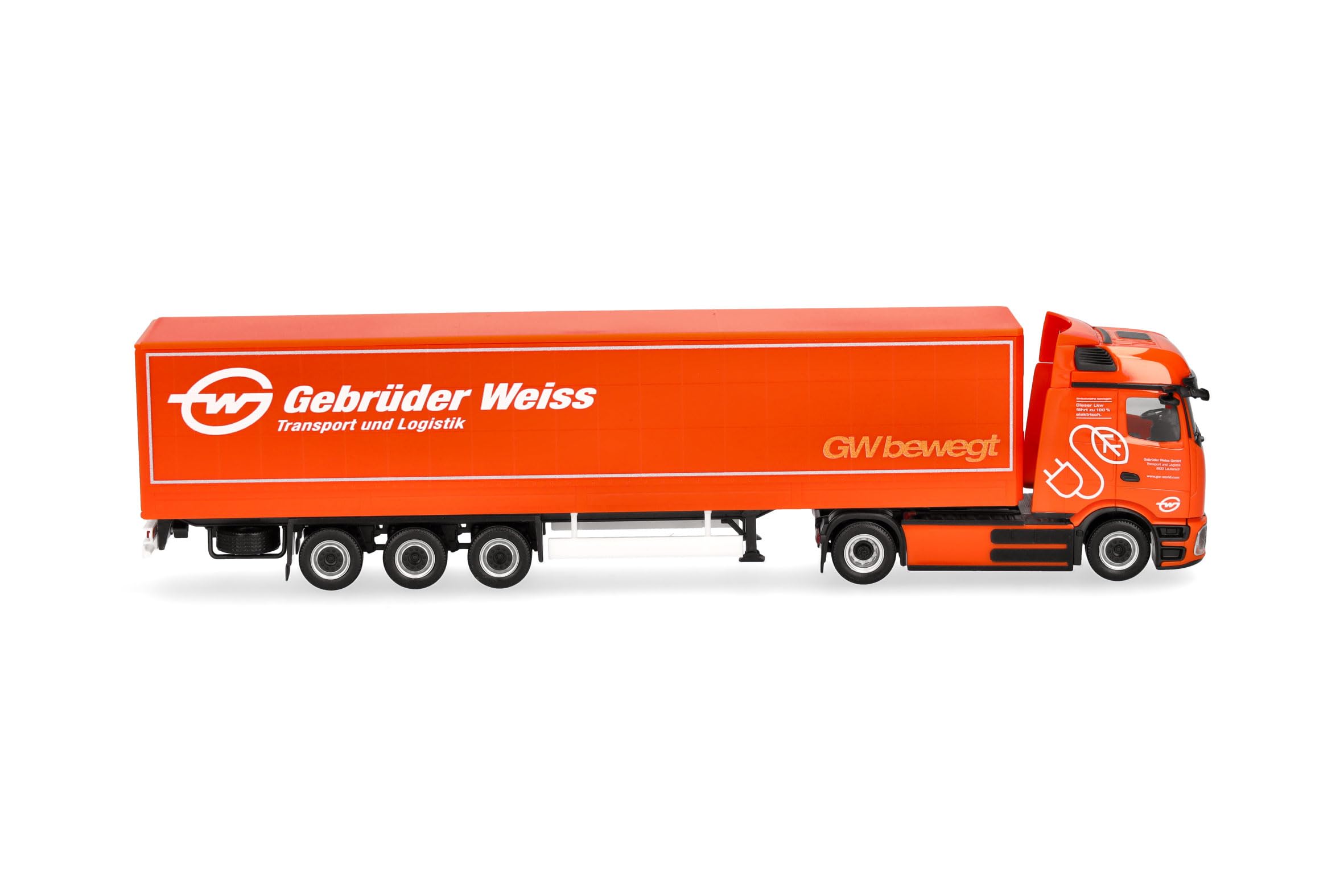Herpa LKW Modell Mercedes-Benz eActros 600 ProCabin Bigspace Planen-Sattelzug Gebrüder Weiss (Österreich), Miniatur im Maßstab 1:87, Sammlerstück, Made in Germany, Kunststoff