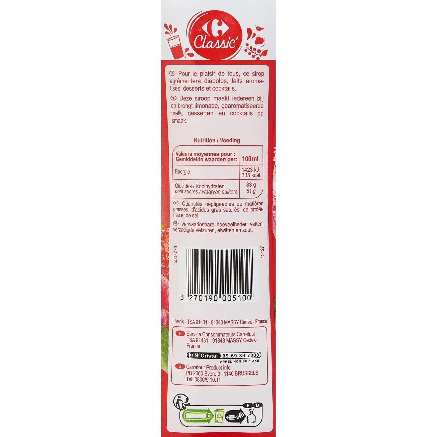 CARREFOUR CLASSIC' Sirop de Grenadine 75cl — Sans Conservateur, Couleur d'Origine Naturelle, aux Jus de Fruits pour Boissons et Desserts - Lot de 4
