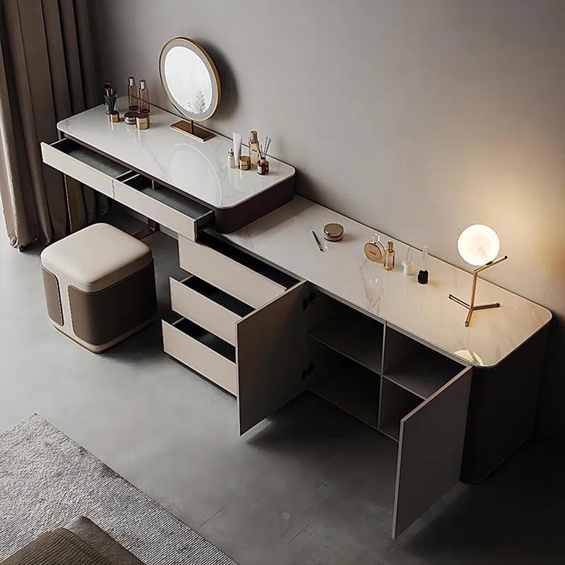 NG Decor Sintered Stone Manufactured Wood Gray Corner Makeup Vanity with Mirror, Vanity Table with 5 Drawers-image-37