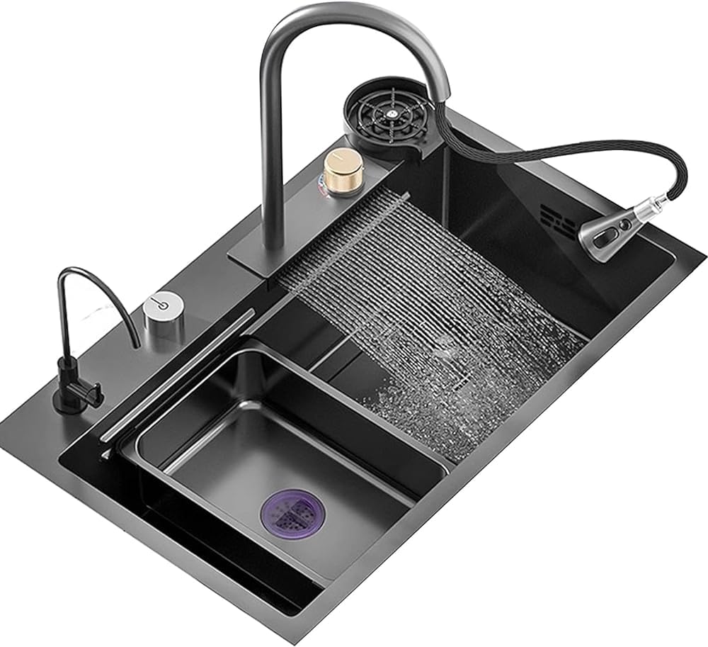 ZQFHSX Kitchen Sink Set 304 Stainless Steel Single Bowl Waterfall Nano Coated Workstation With Pull-Out Faucet And Cup Washer Full Of Accessories(Size:68x45x22cm)